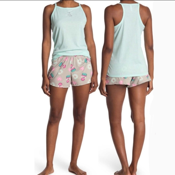 Pj Couture Love You A Latte Coffee PJ Set Sleeveless Top Shorts Aqua L NWT - Picture 3 of 9
